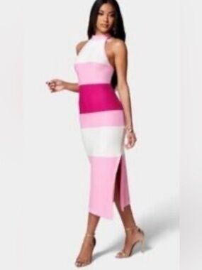 NWT BEBE SIZE S PINK/WHITE COLORBLOCK HALTER NECK MIDI SLEEVELESS DRESS